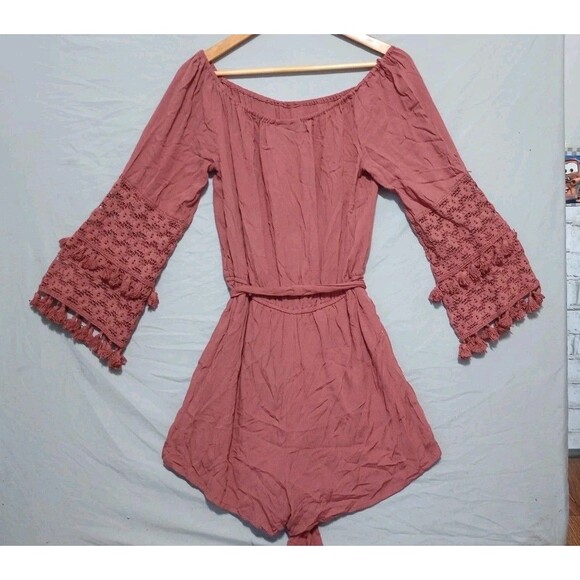 NY & C Lace Romper Sz M Nwt Blush Preppy Beach Tie Front Boho Tassel - Picture 7 of 9